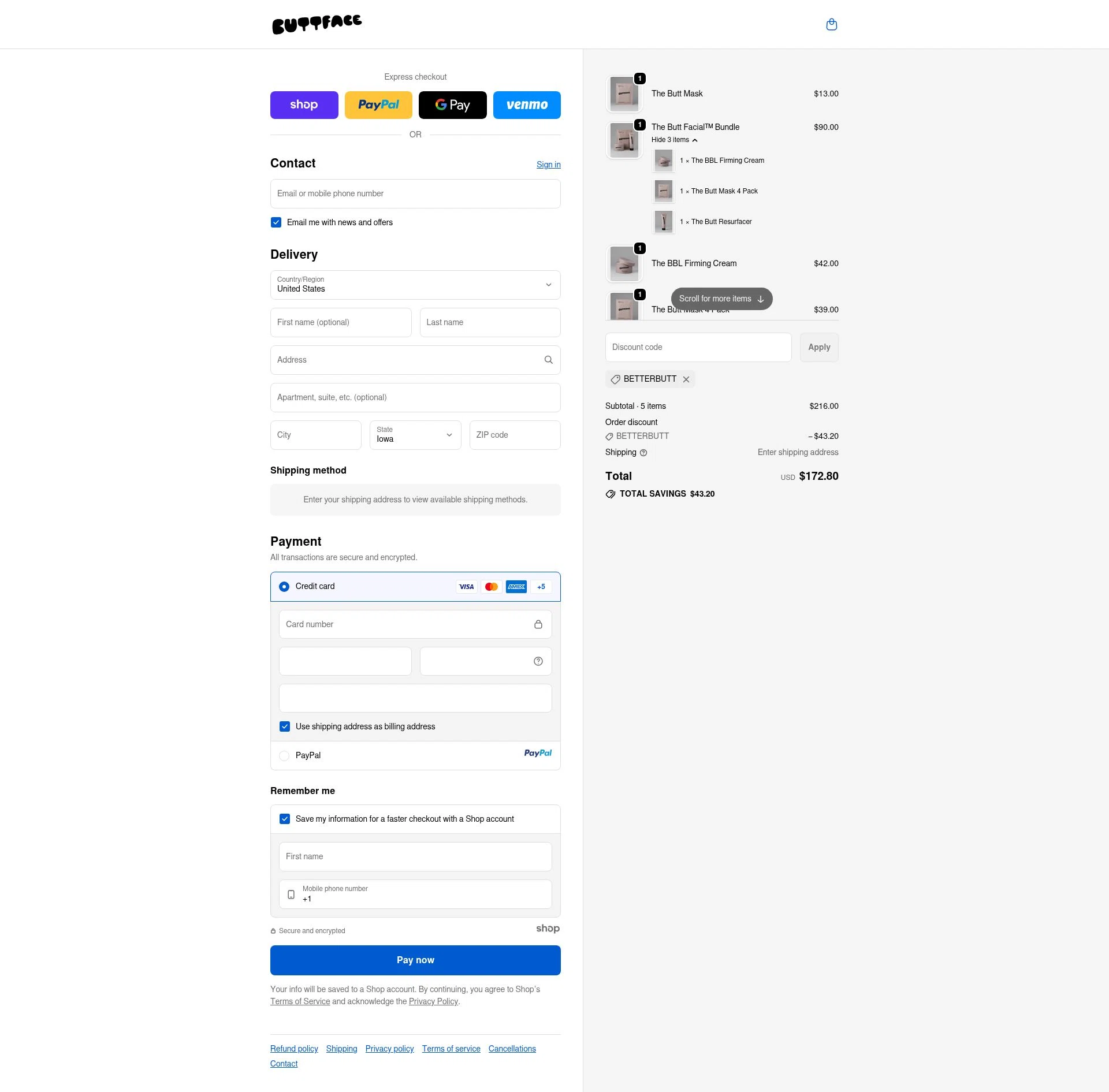 Buttface Skincare checkout page showing Buttface Skincare promo code box | Screenshot taken by SimplyCodes community member on Oct 30, 2025