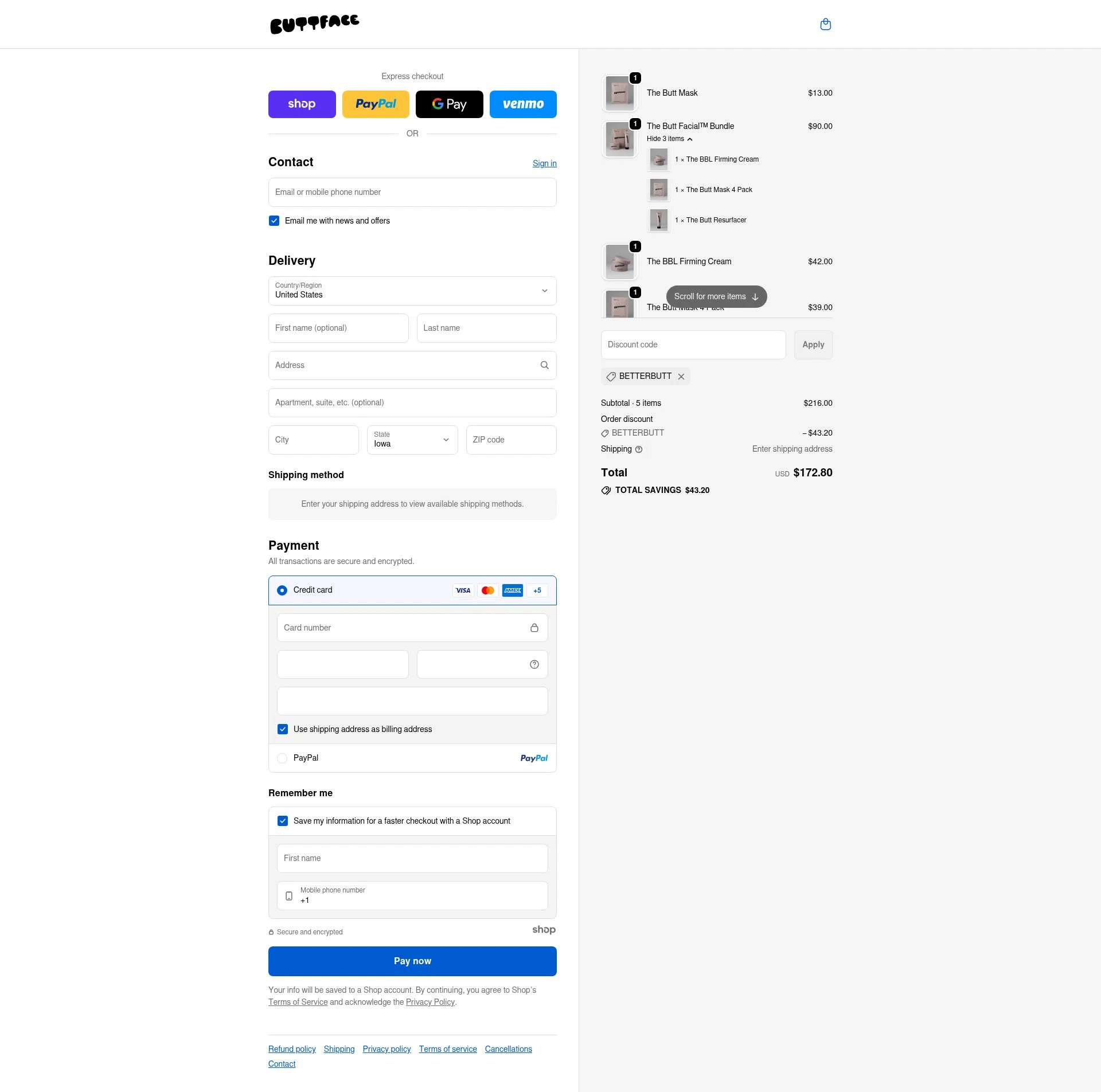 Buttface Skincare checkout page showing Buttface Skincare promo code box | Screenshot taken by SimplyCodes community member on Nov 22, 2025