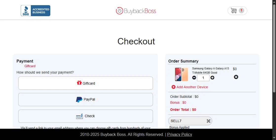 Buyback Boss checkout page showing Buyback Boss promo code box | Screenshot taken by SimplyCodes community member on Aug 2, 2025