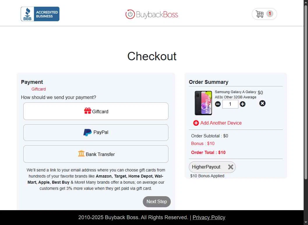 Buyback Boss checkout page showing Buyback Boss promo code box | Screenshot taken by SimplyCodes community member on Nov 4, 2025