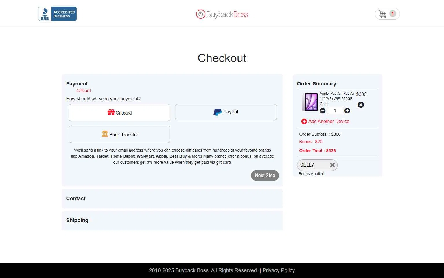 Buyback Boss checkout page showing Buyback Boss promo code box | Screenshot taken by SimplyCodes community member on Oct 28, 2025