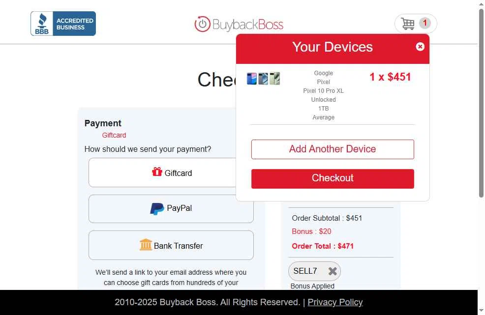 Buyback Boss checkout page showing Buyback Boss promo code box | Screenshot taken by SimplyCodes community member on Dec 27, 2025