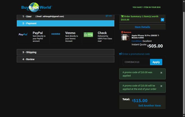 BuyBackWorld checkout page showing BuyBackWorld coupon code box | Screenshot taken by SimplyCodes community member on Jul 23, 2025