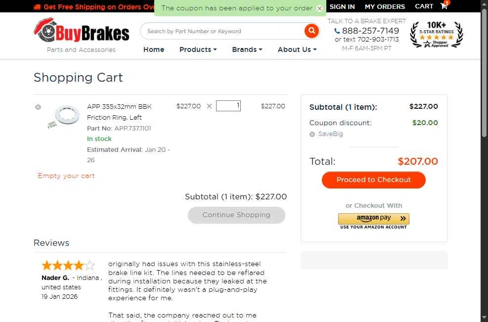 Buy Brakes checkout page showing Buy Brakes coupon code box | Screenshot taken by SimplyCodes community member on Jan 19, 2026