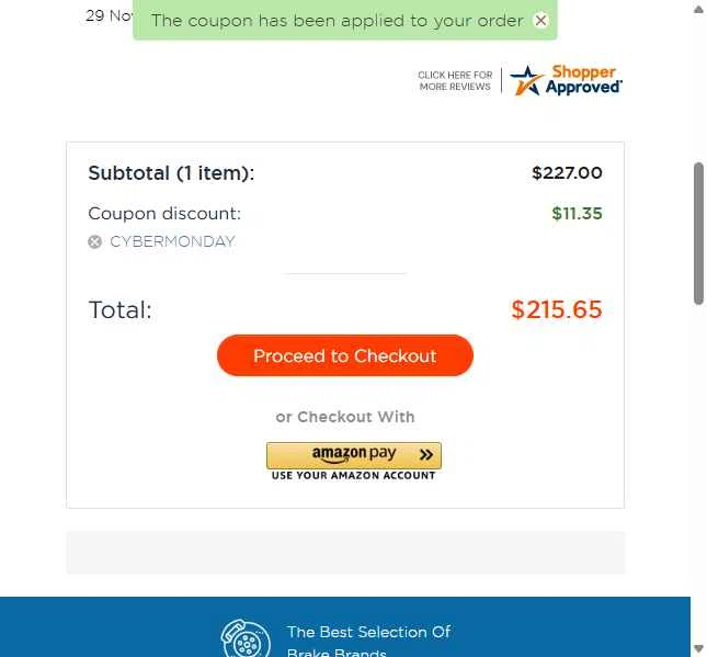 Buy Brakes checkout page showing Buy Brakes coupon code box | Screenshot taken by SimplyCodes community member on Nov 30, 2025