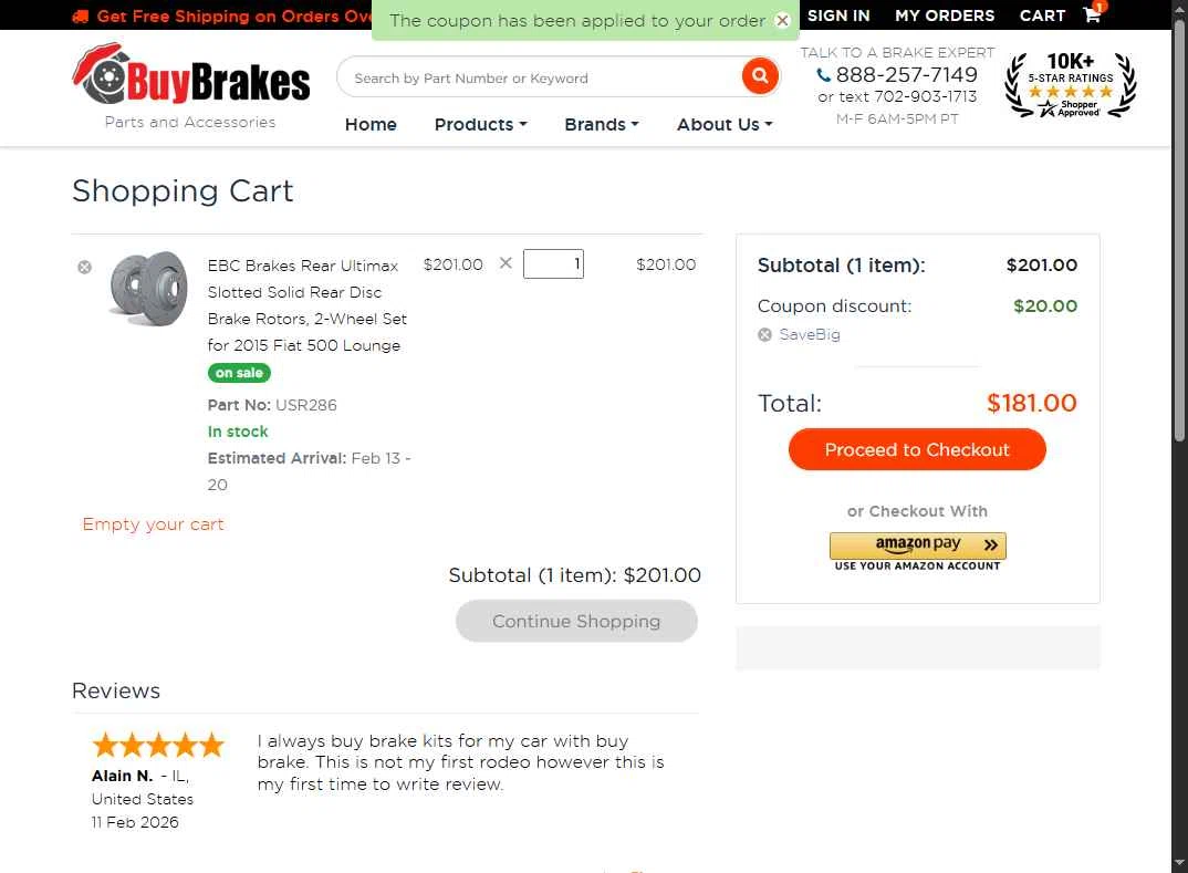 Buy Brakes checkout page showing Buy Brakes coupon code box | Screenshot taken by SimplyCodes community member on Feb 11, 2026