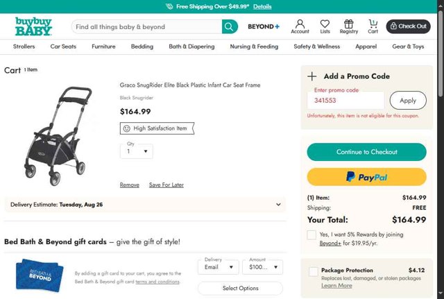 Buy Buy Baby checkout page showing Buy Buy Baby promo code box | Screenshot taken by SimplyCodes community member on Aug 17, 2025