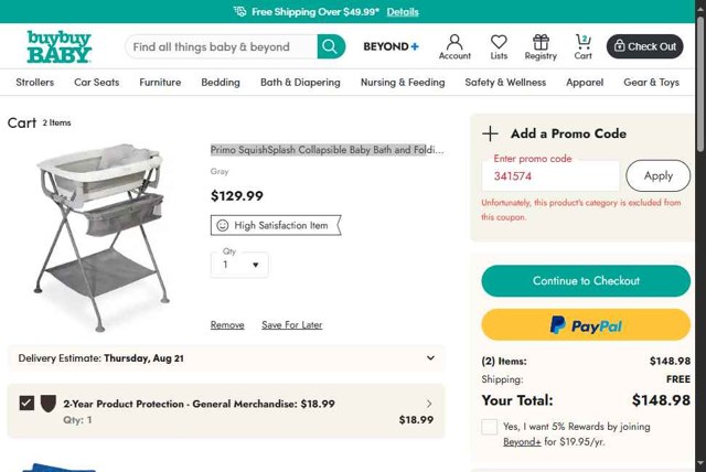 Buy Buy Baby checkout page showing Buy Buy Baby promo code box | Screenshot taken by SimplyCodes community member on Aug 12, 2025