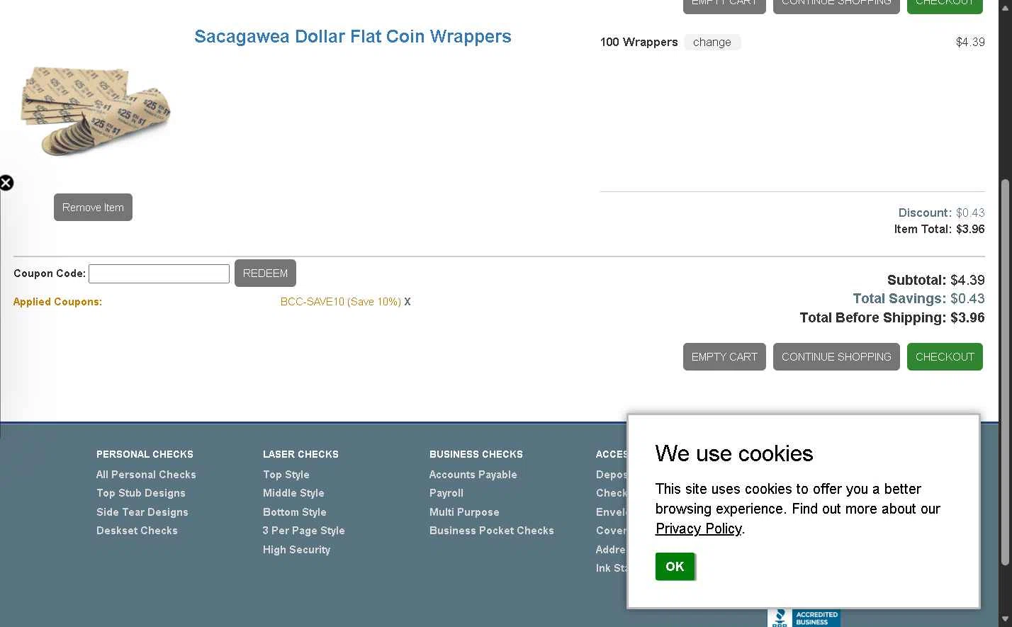 Buy Cheap Checks checkout page showing Buy Cheap Checks promo code box | Screenshot taken by SimplyCodes community member on Jan 6, 2026