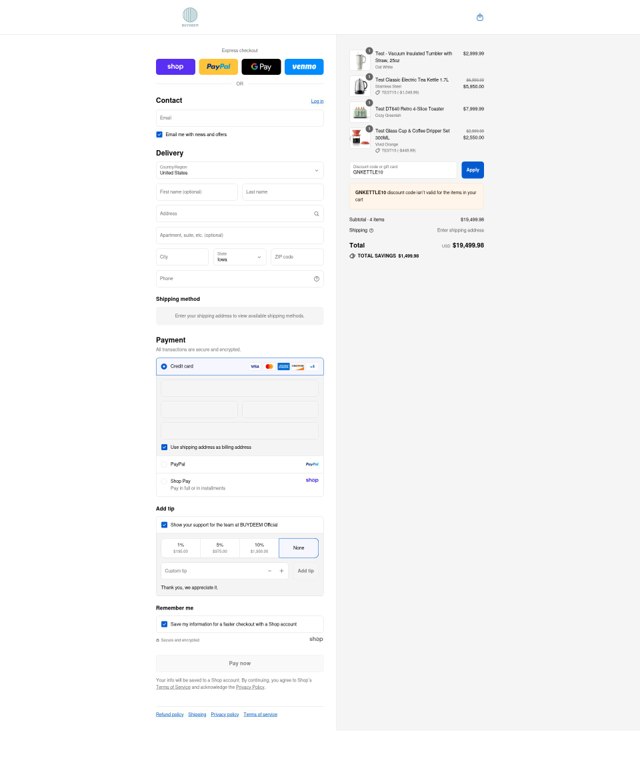 Buydeem checkout page showing Buydeem promo code box | Screenshot taken by SimplyCodes community member on Aug 31, 2025