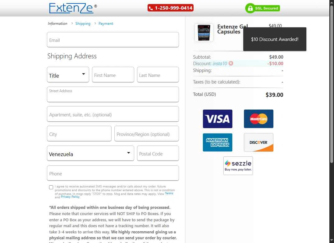Extenze checkout page showing Extenze promo code box | Screenshot taken by SimplyCodes community member on Oct 12, 2025