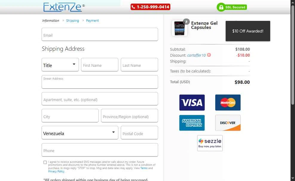 Extenze checkout page showing Extenze promo code box | Screenshot taken by SimplyCodes community member on Sep 16, 2025