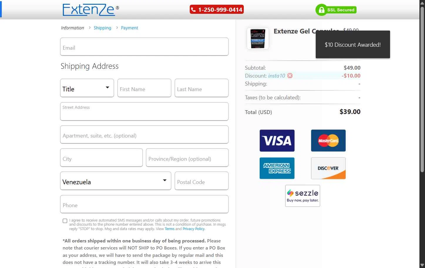 Extenze checkout page showing Extenze promo code box | Screenshot taken by SimplyCodes community member on Aug 15, 2025