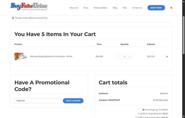 Buy Fake Urine checkout page showing Buy Fake Urine promo code box | Screenshot taken by SimplyCodes community member on Jun 28, 2025