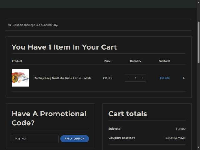 Buy Fake Urine checkout page showing Buy Fake Urine promo code box | Screenshot taken by SimplyCodes community member on Aug 25, 2025
