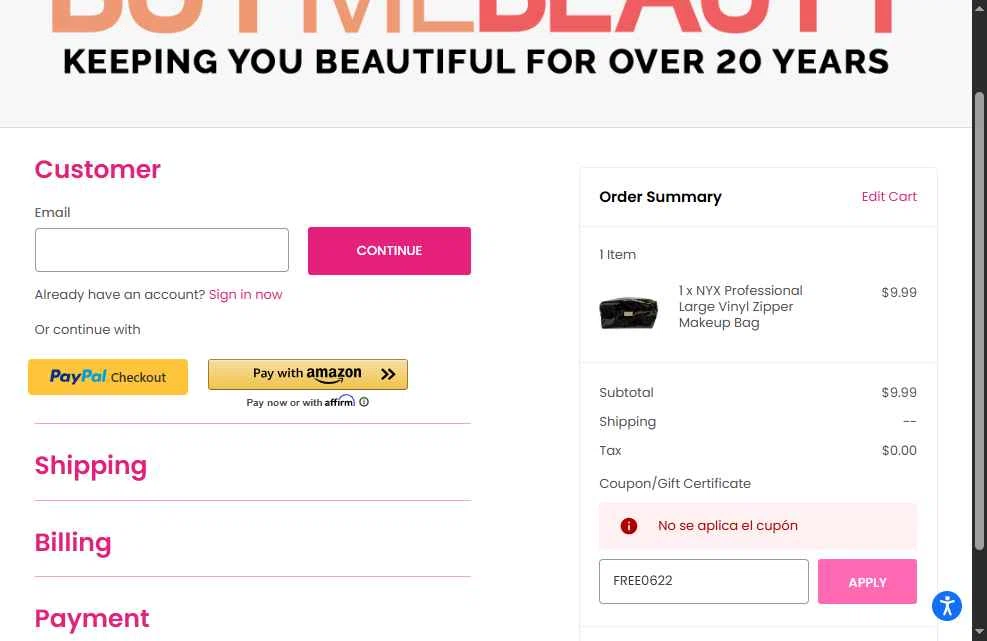 BuyMeBeauty checkout page showing BuyMeBeauty promo code box | Screenshot taken by SimplyCodes community member on Oct 14, 2025