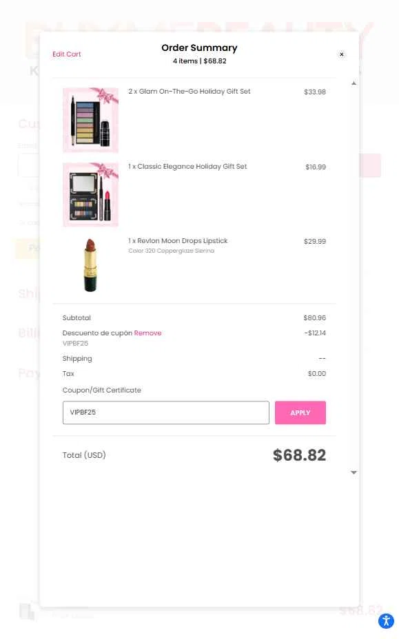 BuyMeBeauty checkout page showing BuyMeBeauty promo code box | Screenshot taken by SimplyCodes community member on Nov 24, 2025