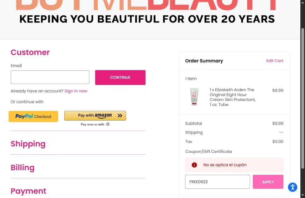 BuyMeBeauty checkout page showing BuyMeBeauty promo code box | Screenshot taken by SimplyCodes community member on Oct 14, 2025