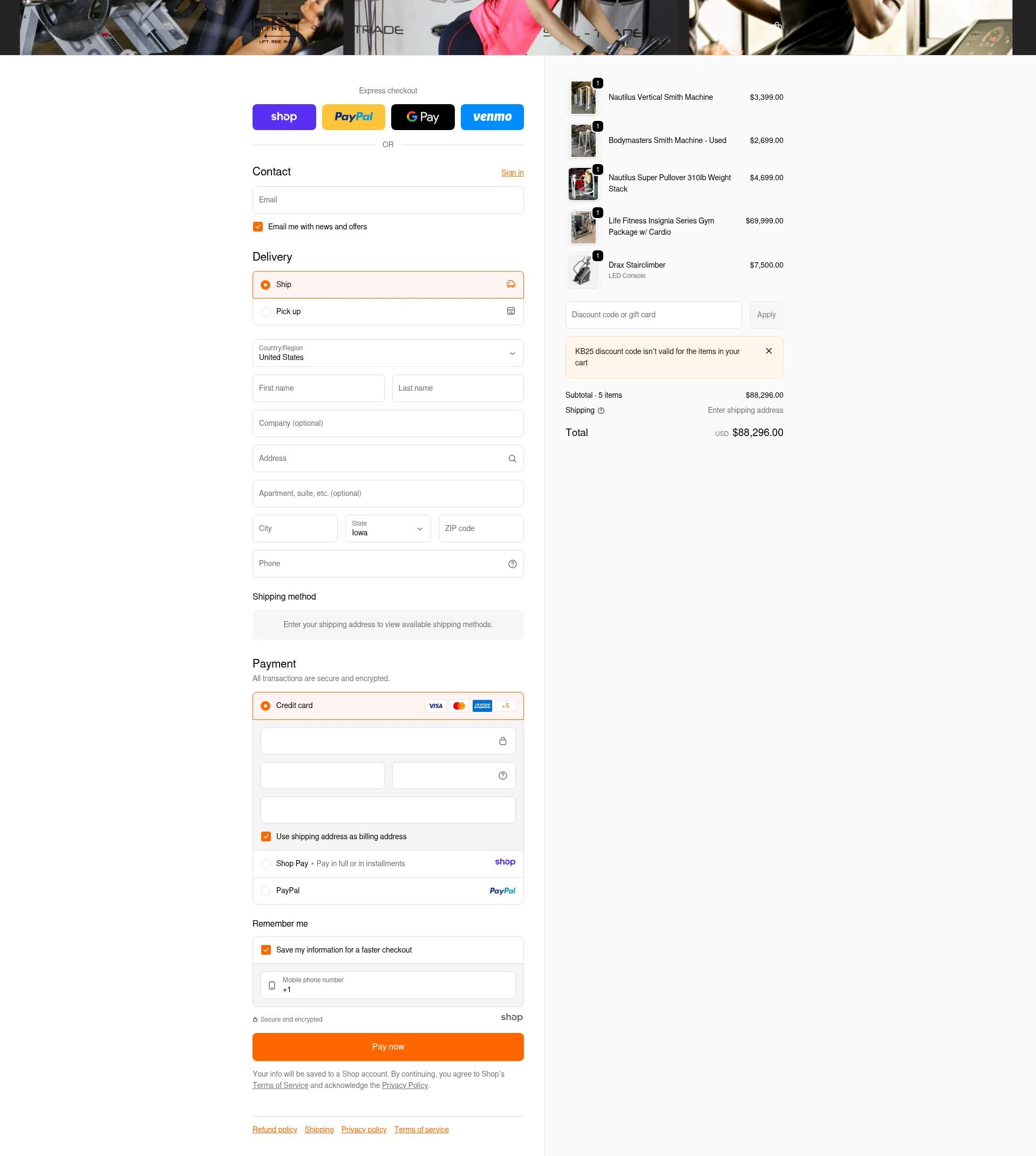 Buy & Sell Fitness checkout page showing Buy & Sell Fitness promo code box | Screenshot taken by SimplyCodes community member on Dec 23, 2025