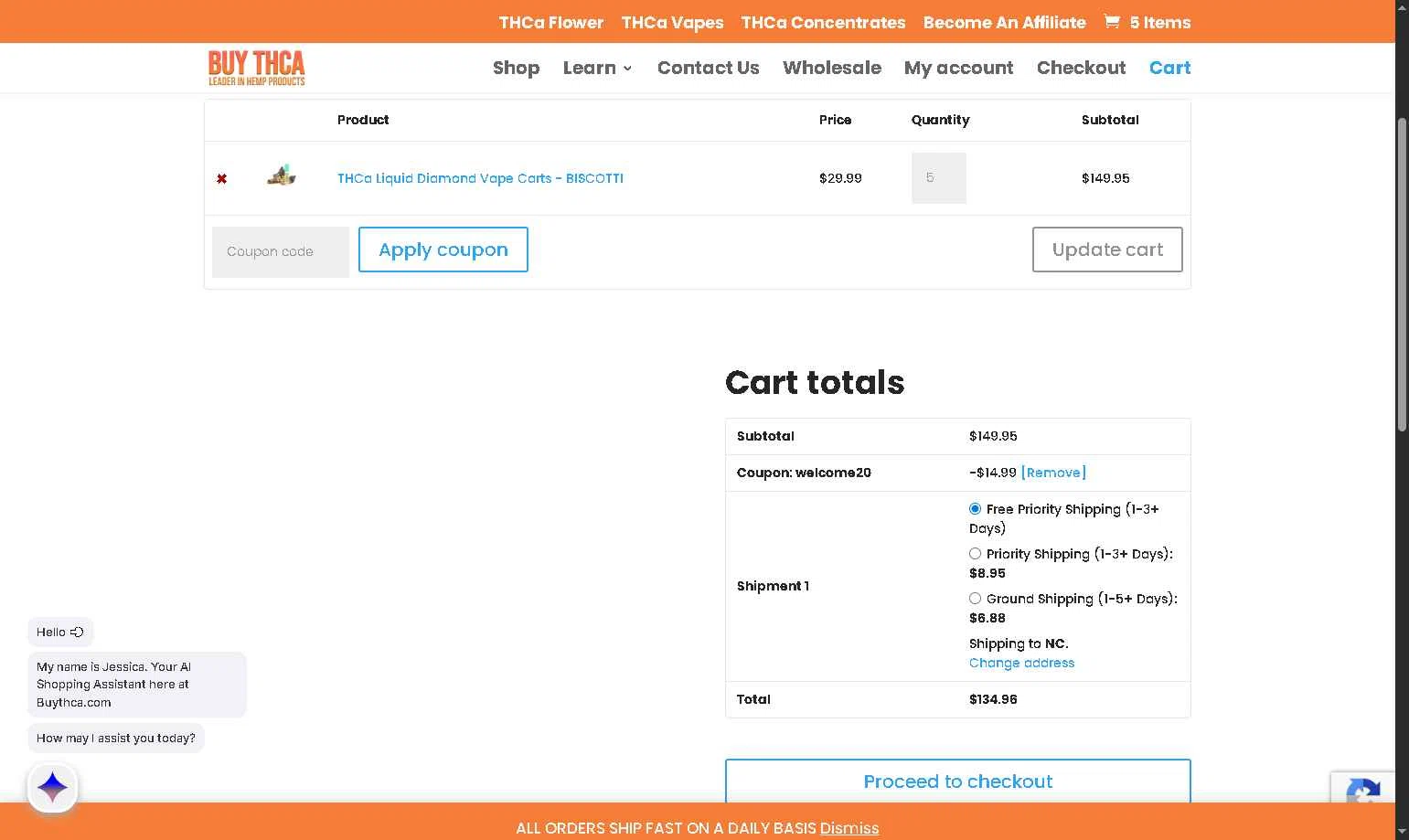Buy THCa checkout page showing Buy THCa promo code box | Screenshot taken by SimplyCodes community member on Feb 13, 2026