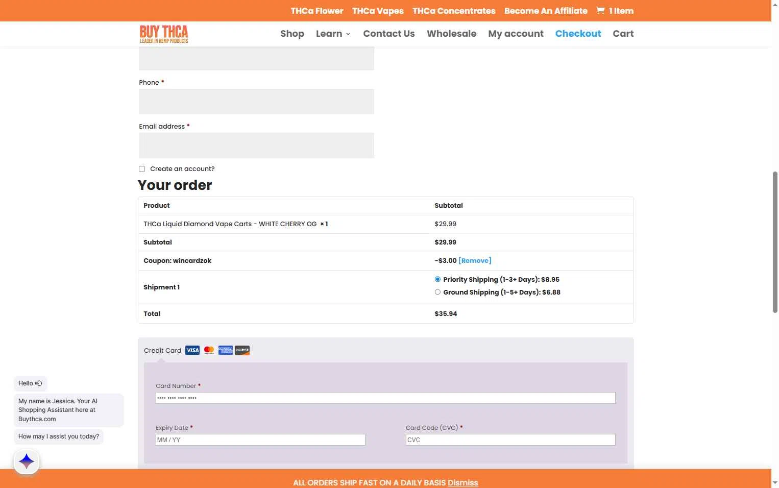 Buy THCa checkout page showing Buy THCa promo code box | Screenshot taken by SimplyCodes community member on Feb 13, 2026