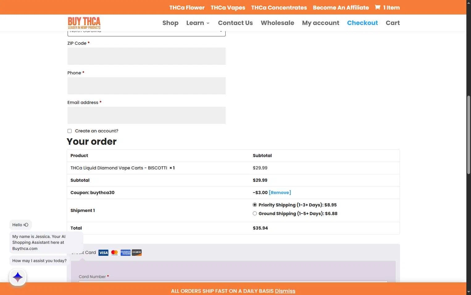 Buy THCa checkout page showing Buy THCa promo code box | Screenshot taken by SimplyCodes community member on Feb 12, 2026