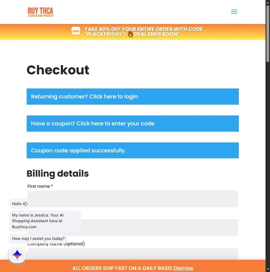 Buy THCa checkout page showing Buy THCa promo code box | Screenshot taken by SimplyCodes community member on Feb 13, 2026