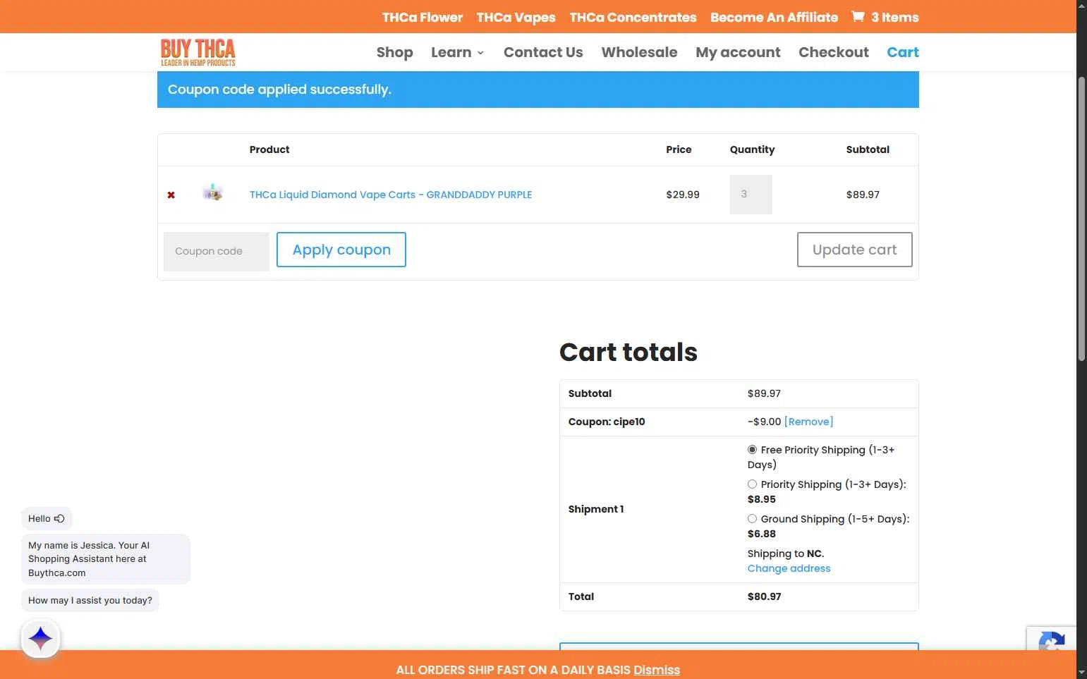 Buy THCa checkout page showing Buy THCa promo code box | Screenshot taken by SimplyCodes community member on Feb 12, 2026