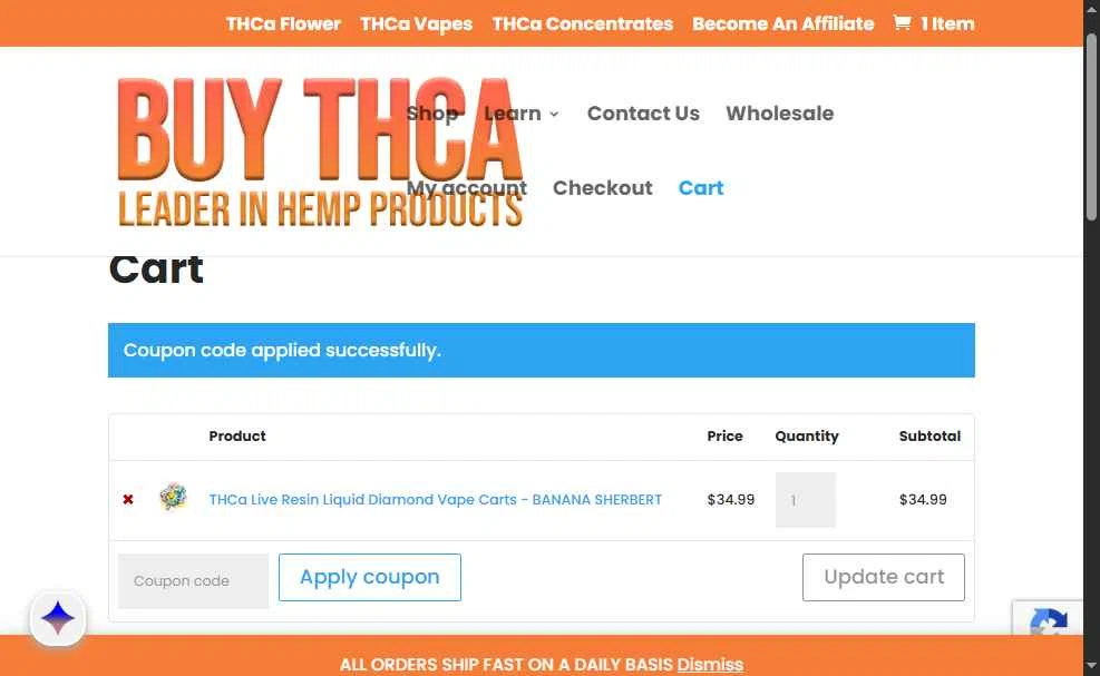 Buy THCa checkout page showing Buy THCa promo code box | Screenshot taken by SimplyCodes community member on Feb 13, 2026