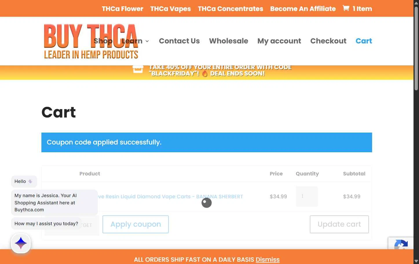 Buy THCa checkout page showing Buy THCa promo code box | Screenshot taken by SimplyCodes community member on Feb 12, 2026