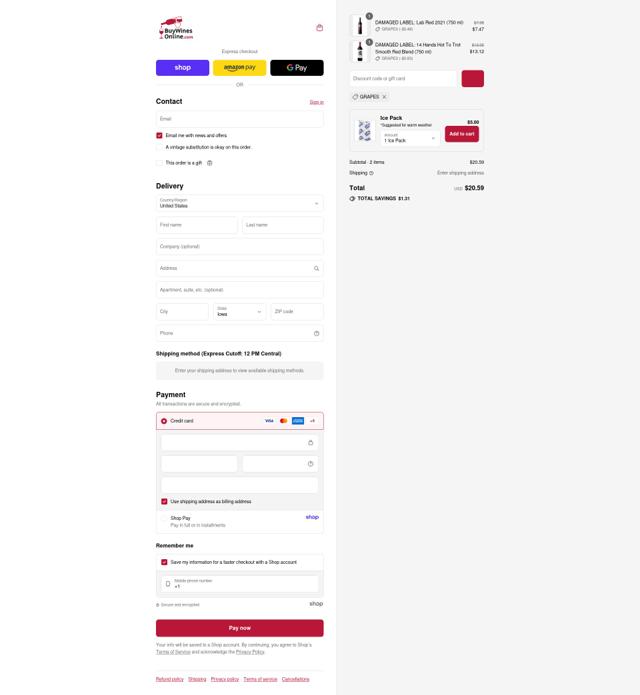Buy Wines Online checkout page showing Buy Wines Online discount code box | Screenshot taken by SimplyCodes community member on Sep 13, 2025
