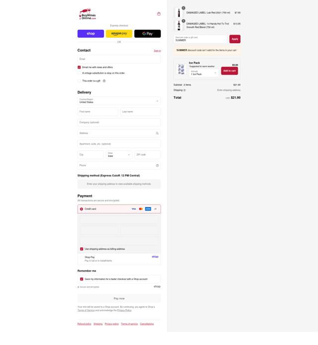 Buy Wines Online checkout page showing Buy Wines Online discount code box | Screenshot taken by SimplyCodes community member on Sep 13, 2025