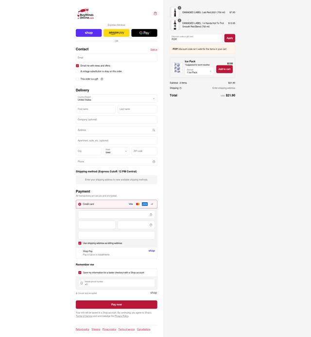 Buy Wines Online checkout page showing Buy Wines Online discount code box | Screenshot taken by SimplyCodes community member on Sep 13, 2025