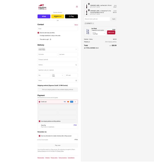 Buy Wines Online checkout page showing Buy Wines Online discount code box | Screenshot taken by SimplyCodes community member on Sep 13, 2025