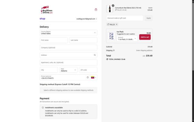 Buy Wines Online checkout page showing Buy Wines Online discount code box | Screenshot taken by SimplyCodes community member on Sep 13, 2025