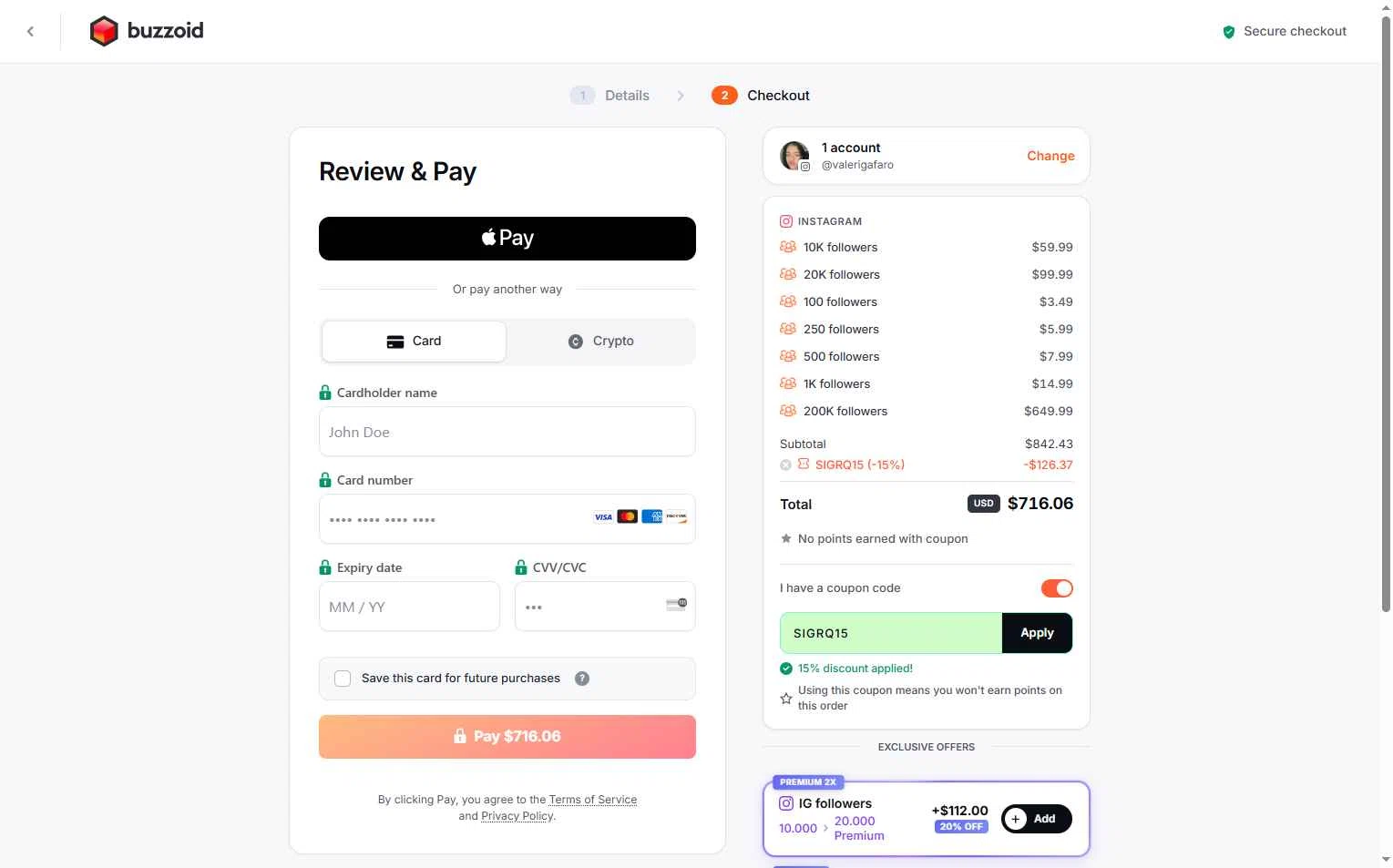 Buzzoid checkout page showing Buzzoid coupon code box | Screenshot taken by SimplyCodes community member on Jan 23, 2026