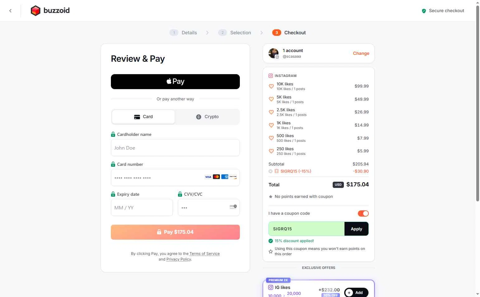 Buzzoid checkout page showing Buzzoid coupon code box | Screenshot taken by SimplyCodes community member on Feb 4, 2026