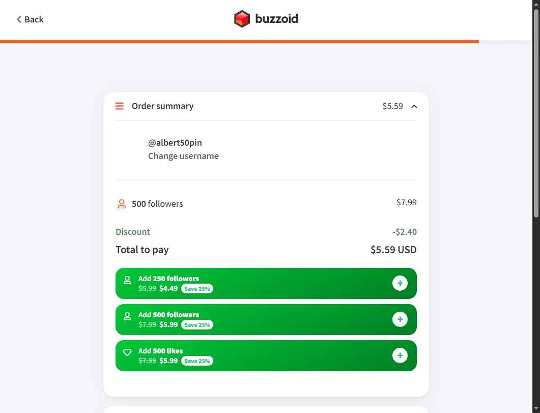 Buzzoid checkout page showing Buzzoid coupon code box | Screenshot taken by SimplyCodes community member on May 14, 2025
