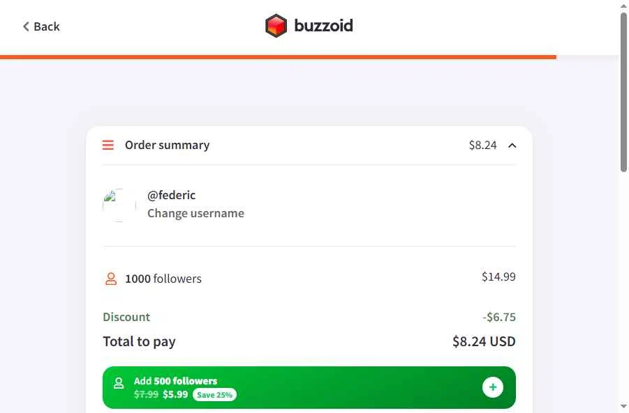 Buzzoid checkout page showing Buzzoid coupon code box | Screenshot taken by SimplyCodes community member on May 3, 2025