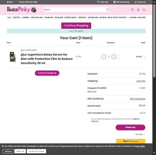 BuzzPinky checkout page showing BuzzPinky promo code box | Screenshot taken by SimplyCodes community member on Jul 17, 2025