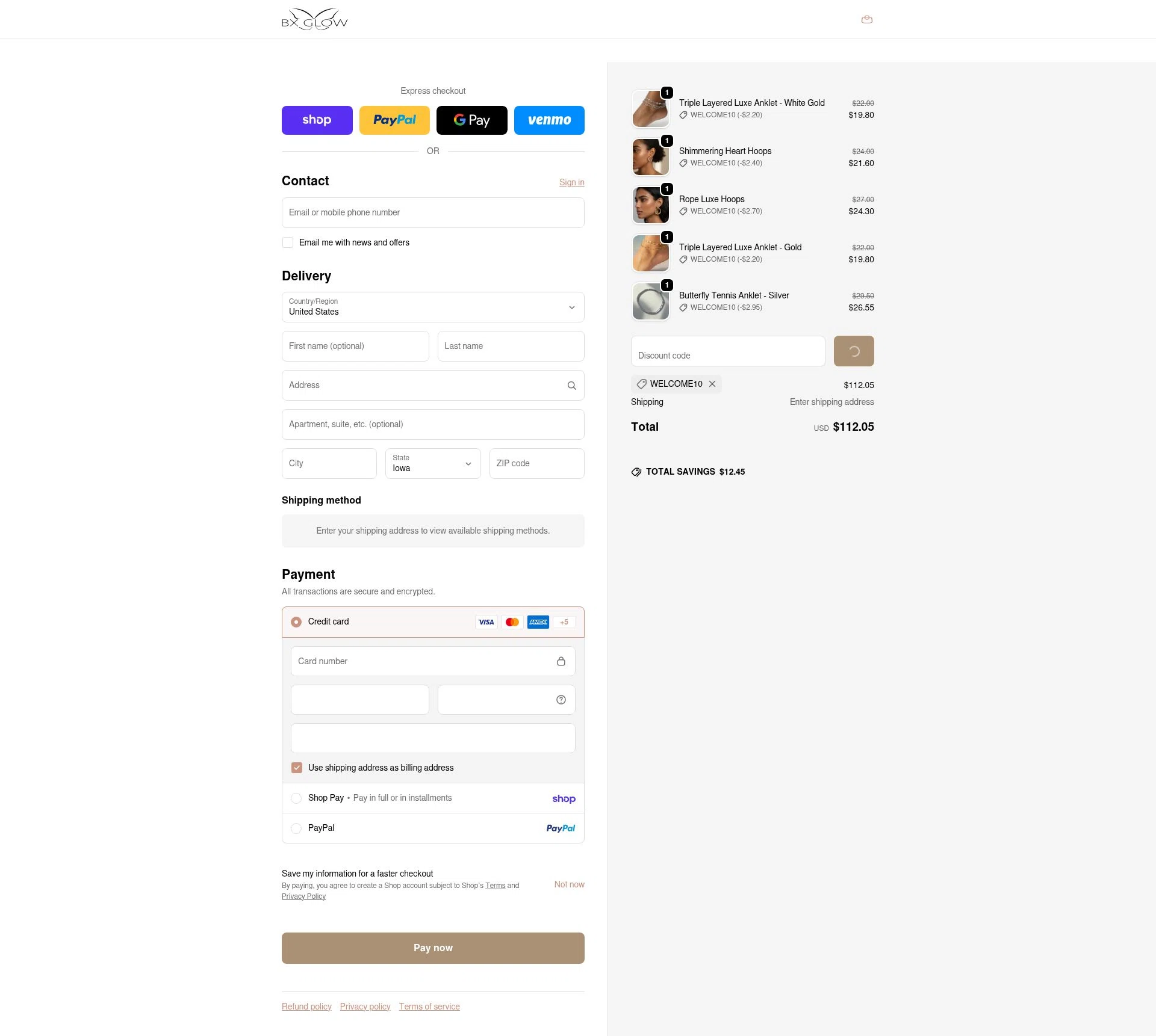 BX Glow checkout page showing BX Glow promo code box | Screenshot taken by SimplyCodes community member on Feb 17, 2026