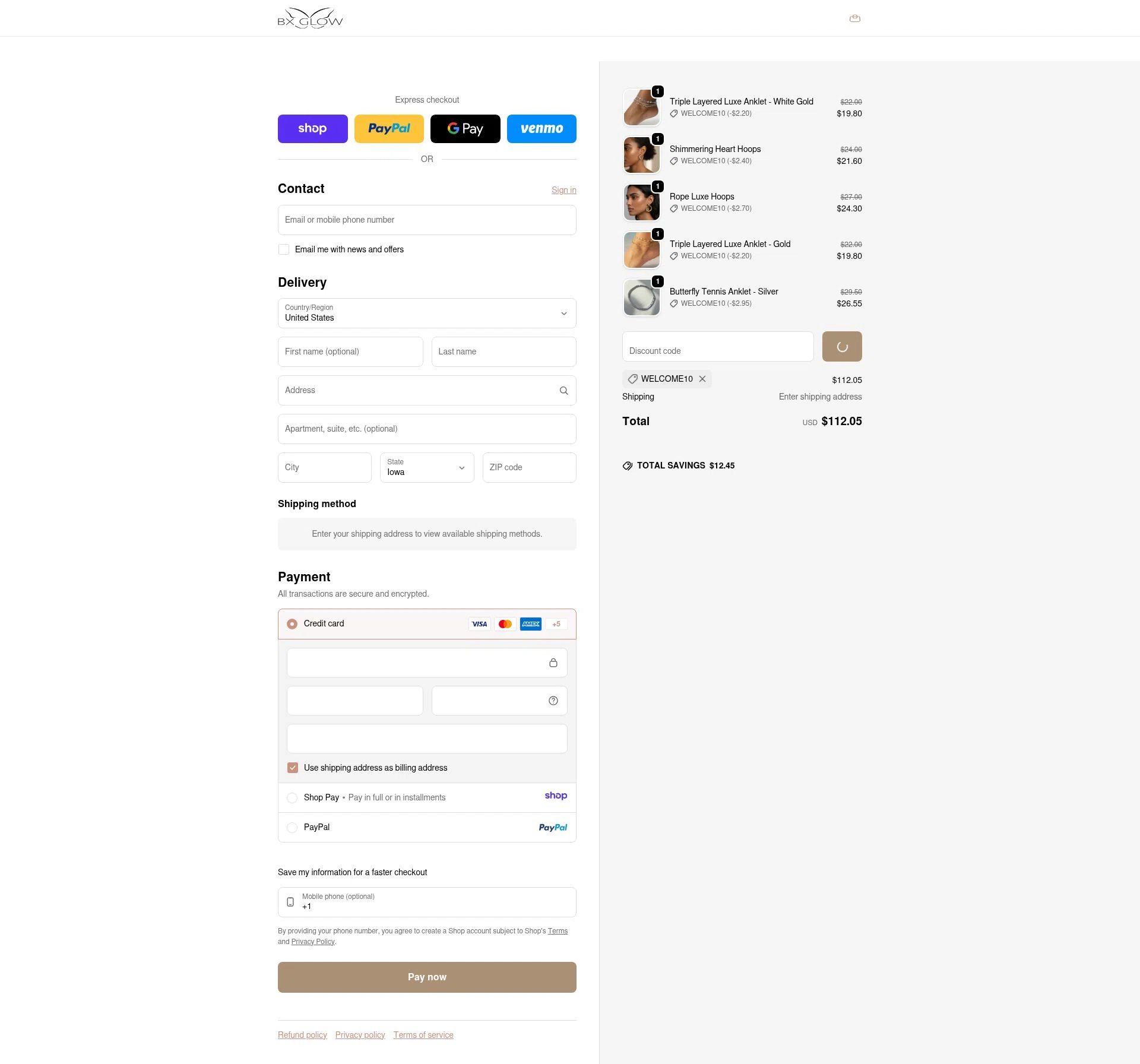 BX Glow checkout page showing BX Glow promo code box | Screenshot taken by SimplyCodes community member on Jan 12, 2026