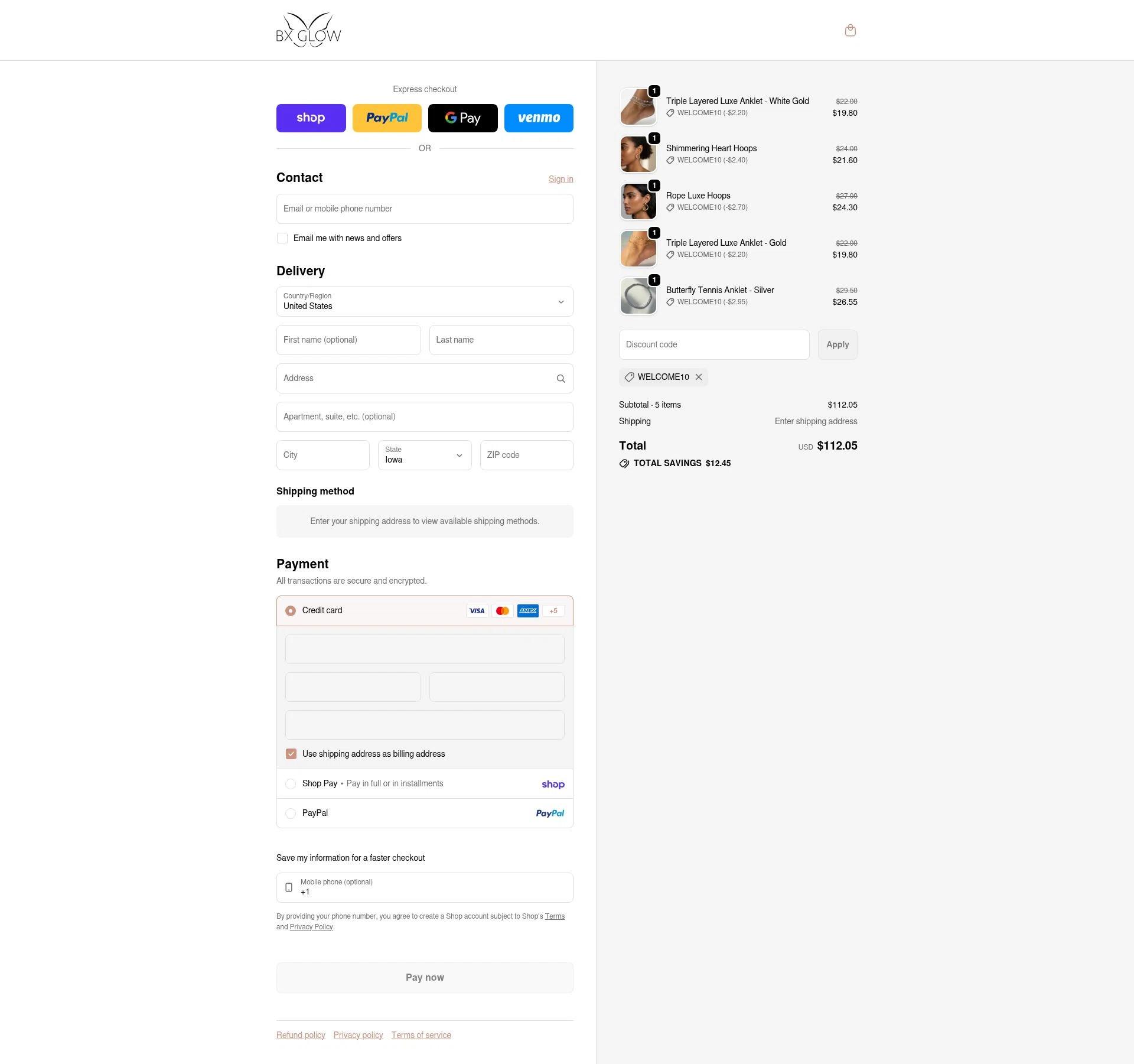 BX Glow checkout page showing BX Glow promo code box | Screenshot taken by SimplyCodes community member on Jan 31, 2026
