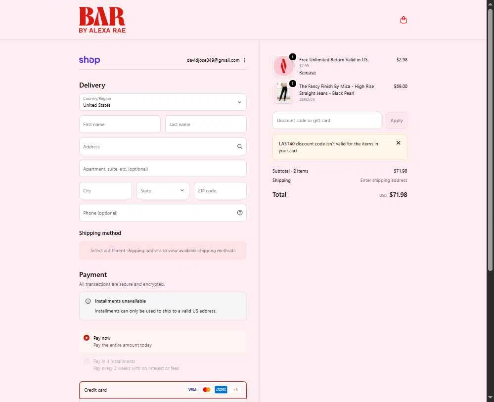 By Alexa Rae Boutique checkout page showing By Alexa Rae Boutique promo code box | Screenshot taken by SimplyCodes community member on Feb 7, 2026
