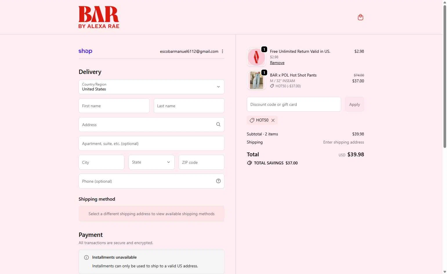 By Alexa Rae Boutique checkout page showing By Alexa Rae Boutique promo code box | Screenshot taken by SimplyCodes community member on Feb 10, 2026