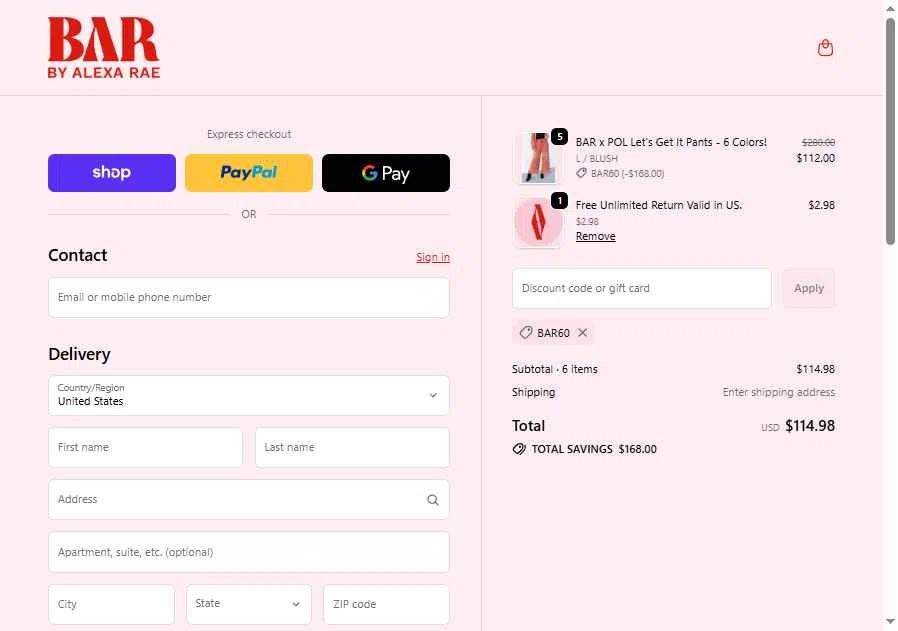 By Alexa Rae Boutique checkout page showing By Alexa Rae Boutique promo code box | Screenshot taken by SimplyCodes community member on Feb 9, 2026