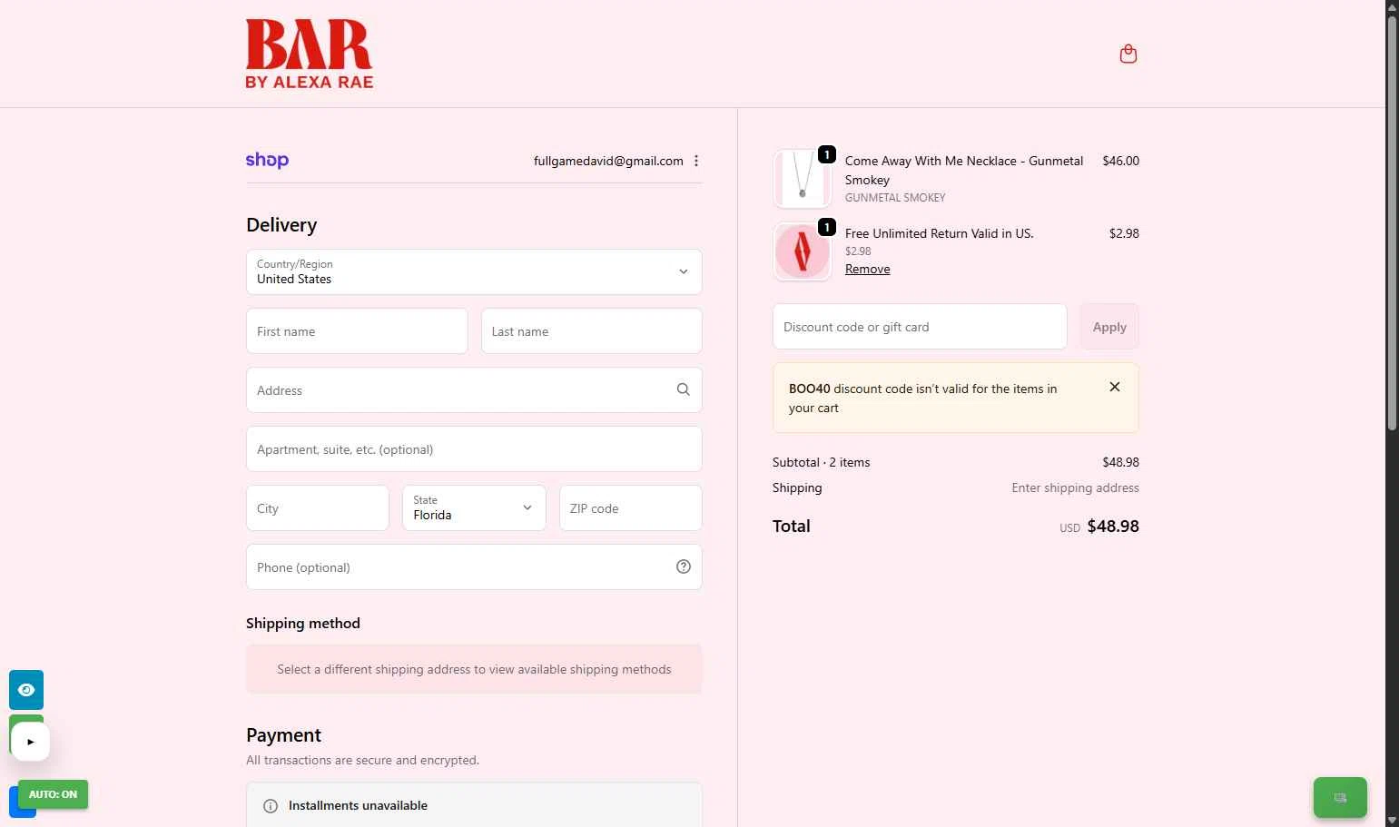 By Alexa Rae Boutique checkout page showing By Alexa Rae Boutique promo code box | Screenshot taken by SimplyCodes community member on Feb 7, 2026