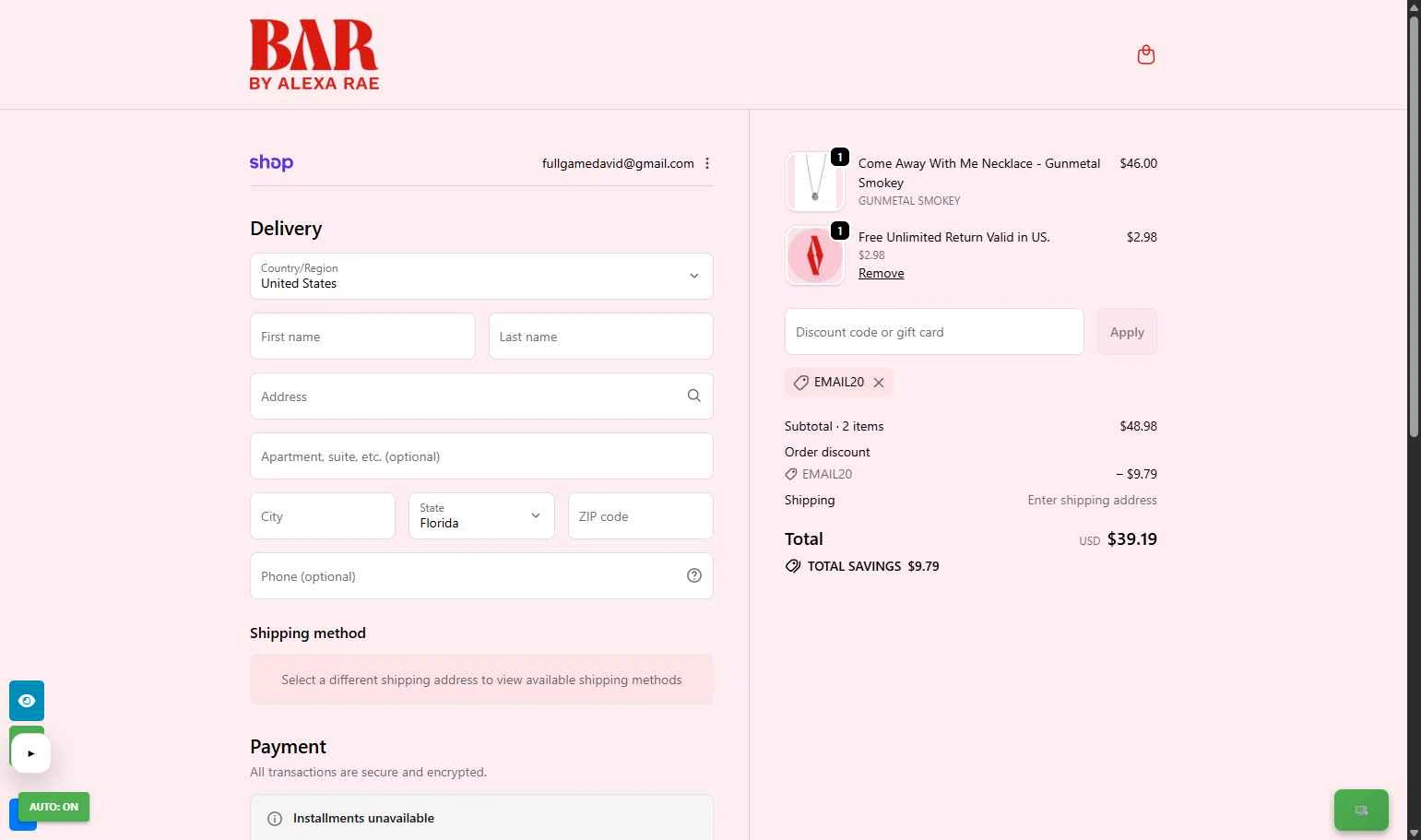 By Alexa Rae Boutique checkout page showing By Alexa Rae Boutique promo code box | Screenshot taken by SimplyCodes community member on Jan 29, 2026