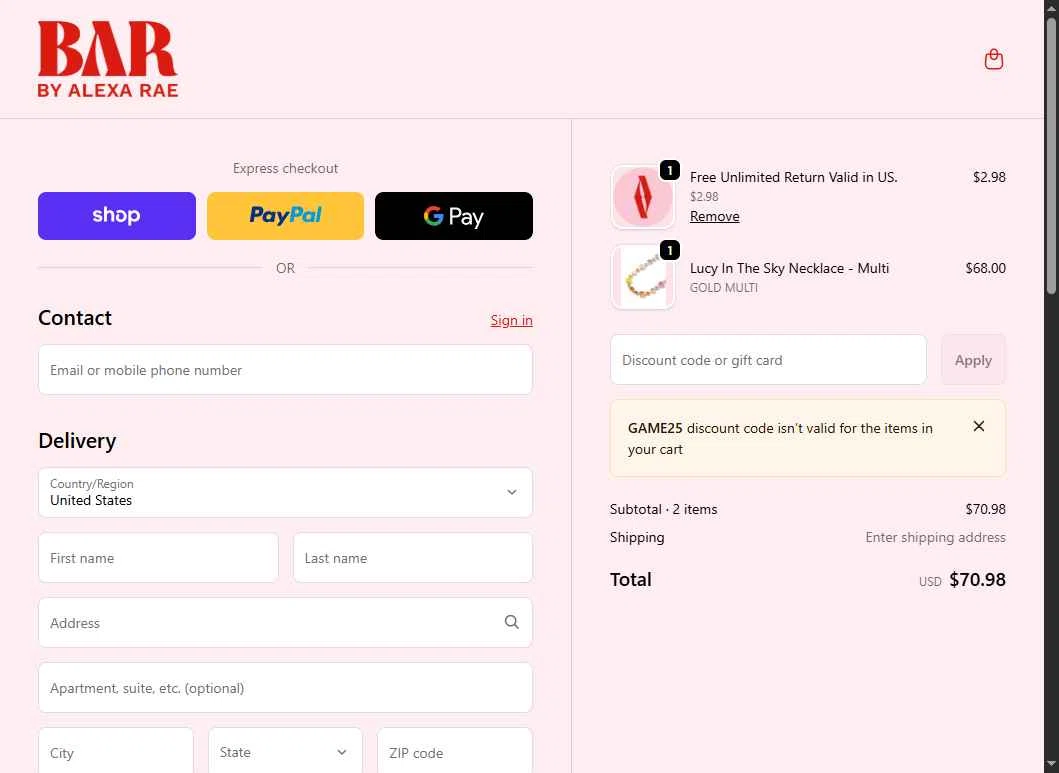 By Alexa Rae Boutique checkout page showing By Alexa Rae Boutique promo code box | Screenshot taken by SimplyCodes community member on Feb 1, 2026