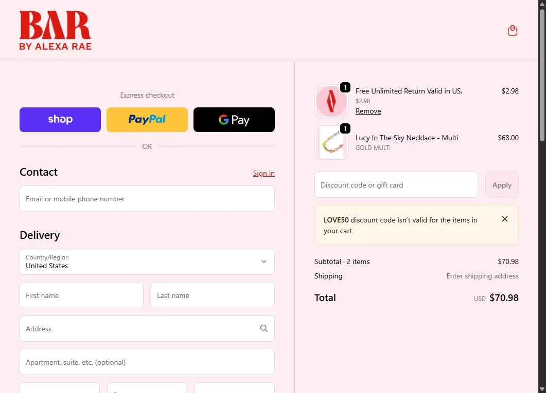 By Alexa Rae Boutique checkout page showing By Alexa Rae Boutique promo code box | Screenshot taken by SimplyCodes community member on Jan 25, 2026